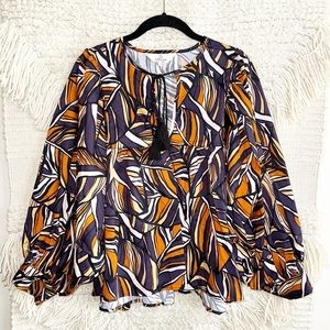 LAROQUE purple and orange leaf print Nell blouse top S
